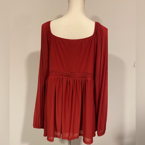 Torrid Dark Red‎ Burnt Orange Mesh Peasant Babydoll Top Size 2 - Picture 3 of 8